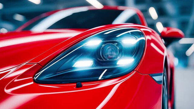 Red sports car with bright led headlights illuminated. Modern luxury automobile design with sleek aerodynamic styling and premium automotive technology features.