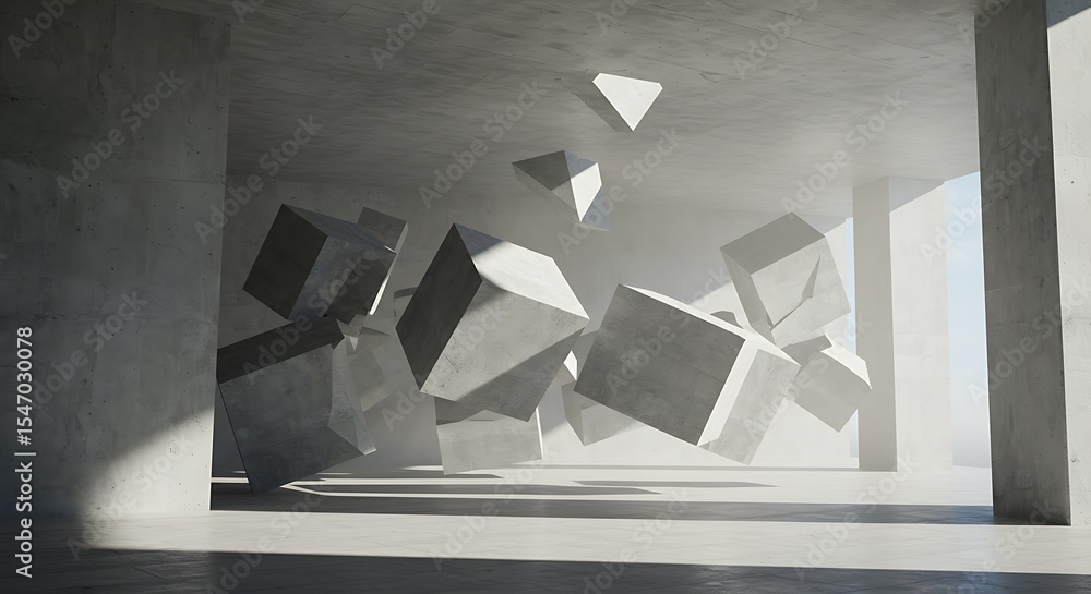 Poster abstract of architecture space with cement box are falling to the ground and light and shadow of the