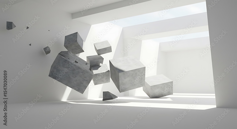 Poster abstract of architecture space with cement box are falling to the ground and light and shadow of the