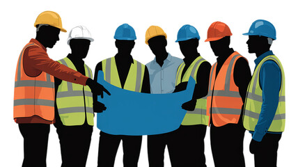 Cartoon Construction Workers Reviewing Blueprints on Transparent Background Illustration of Engineering Team