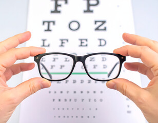 Vision Clarity: A pair of eyeglasses held up against an eye chart, showcasing the importance of vision and eye health. 