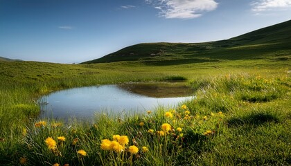 a small pond in the middle of a grassy field with yellow flowers in it