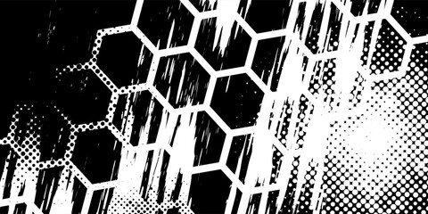 Black and white grunge hexagon pattern with distortion for creative editable background.vector eps10.
