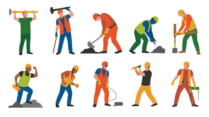 Illustration of Diverse Construction Workers in Various Poses with Tools on Transparent Background