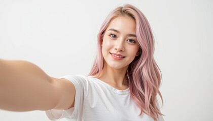 Fototapeta premium a beautiful young woman in her early 20s, fair skin, taking a selfie with one arm extended toward the camera, her hand and wrist are cropped out of the frame, only her arm is visible reaching forward