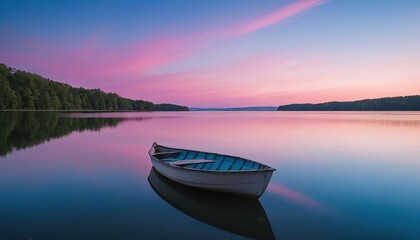 A boat is floating in the water with the sun setting behind it
