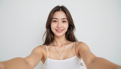 Obraz premium a beautiful young woman in her early 20s, fair skin, taking a selfie with one arm extended toward the camera, her hand and wrist are cropped out of the frame, only her arm is visible reaching forward
