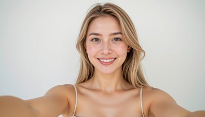 Fototapeta premium a beautiful young woman in her early 20s, fair skin, taking a selfie with one arm extended toward the camera, her hand and wrist are cropped out of the frame, only her arm is visible reaching forward