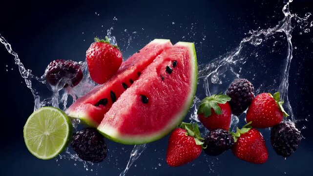 Fresh watermelon strawberry lime blueberry water splash fruits juicy red green blue motion dynamic droplets healthy summer refreshing citrus berry slice half seeds ripe vitamin natural organic diet
