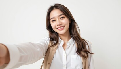 a beautiful young woman in her early 20s, fair skin, taking a selfie with one arm extended toward the camera, her hand and wrist are cropped out of the frame, only her arm is visible reaching forward
