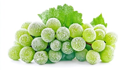 Frozen green grapes with leaves