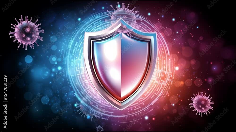 Poster glowing shield symbolizing protection surrounded by digital elements and virus particles representin