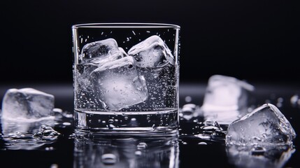A glass of water with ice cubes on a black background.