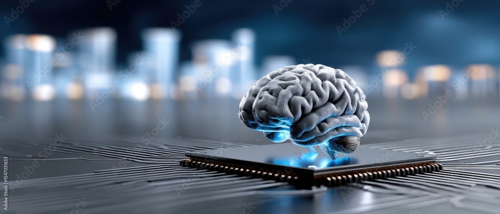 Poster a digital brain hovers above a microchip, symbolizing artificial intelligence and the fusion of huma