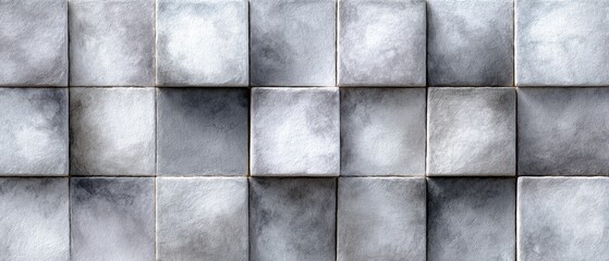 A textured, grayscale wall composed of square stone tiles arranged in a uniform grid pattern, showcasing a weathered and rough surface.
