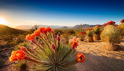 desert cactus in bloom sunny landscape nature photography stock photo