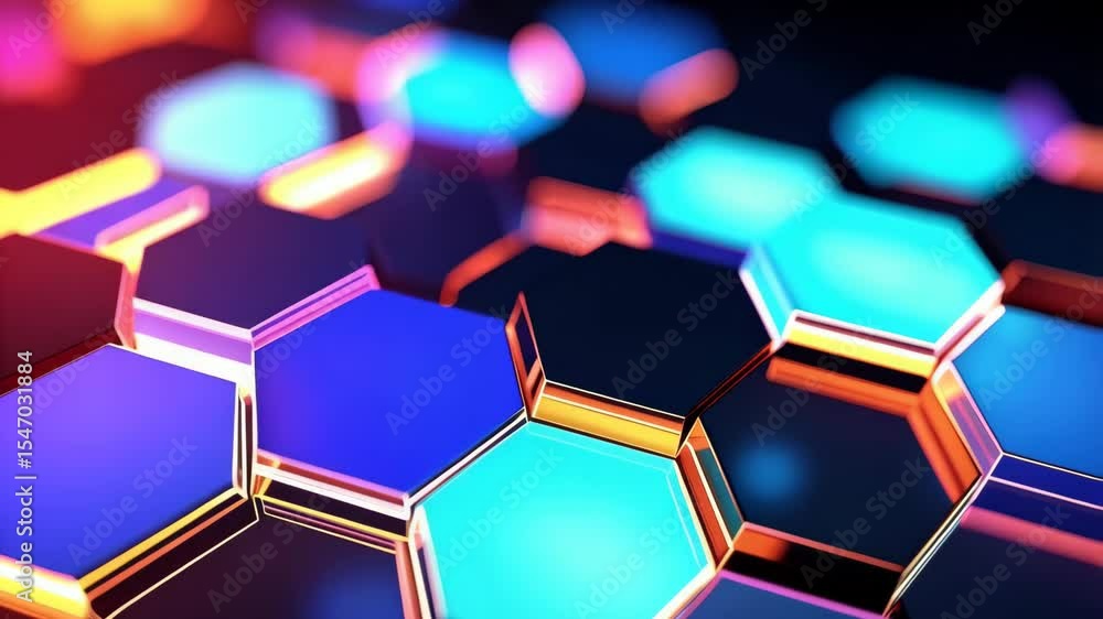 Poster abstract 3d render of hexagons with vibrant blue and orange color scheme and glossy reflections, sui