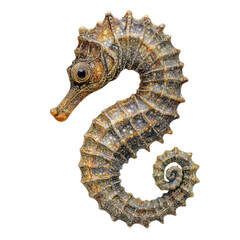Seahorse with a black eye and a brown and white shell