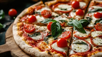 Fresh Margherita Pizza with Cherry Tomatoes and Basil on Wooden Board