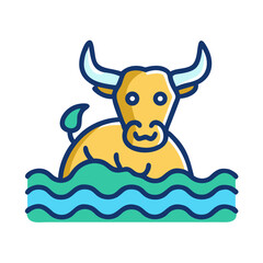 Stylized golden bull rising out of stylized turquoise water