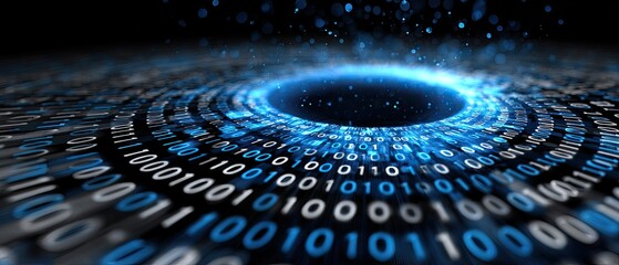 A digital vortex of binary code in blue and white spirals into a central black hole, symbolizing data flow and information technology.
