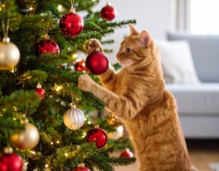 Cat Playing with Red Ornament Under Christmas Tree