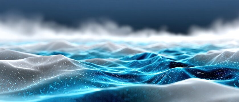 Digital blue wave landscape with flowing lines and particles, creating a futuristic, abstract terrain under a misty sky. - Powered by Adobe