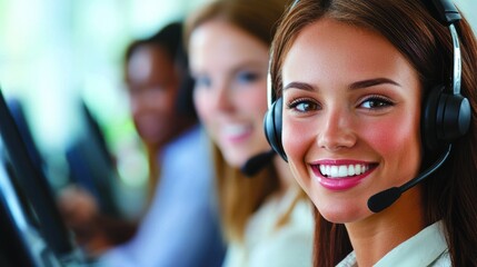 A smiling young woman wearing a headset, with a group of people in the background, all wearing headsets, in a call center environment.