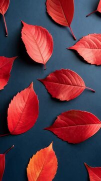 Autumnal arrangement of vibrant red fall leaves scattered across a deep blue surface, capturing seasonal transition