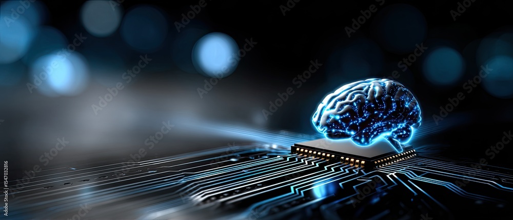 Poster a glowing digital brain rests on a microchip, symbolizing artificial intelligence and advanced techn
