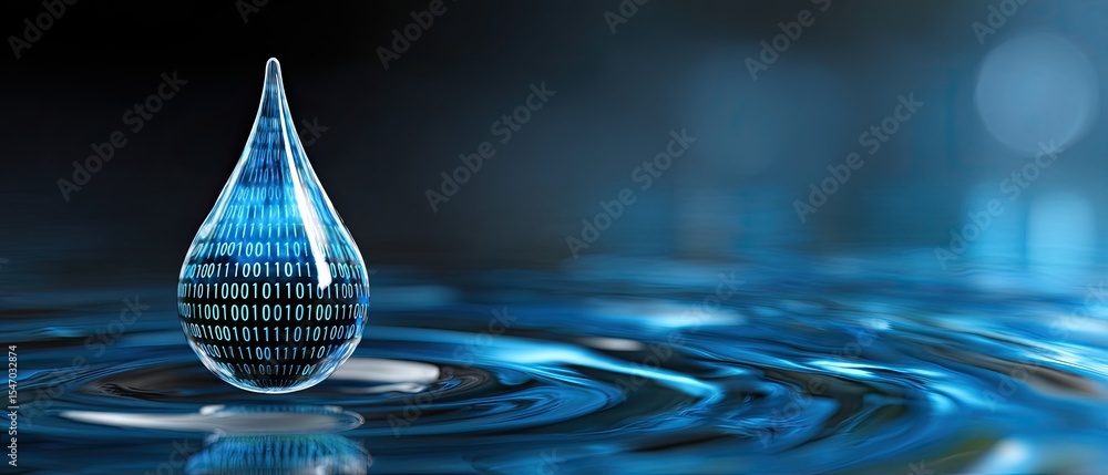 Poster a digital water droplet with binary code hovers above rippling water, symbolizing the intersection o