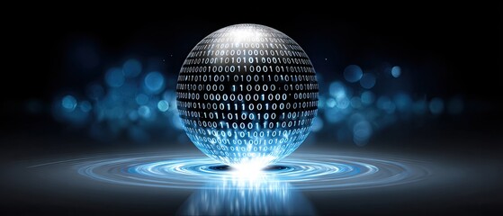 A glowing digital sphere displaying binary code hovers over a futuristic, illuminated surface with blue light effects on a dark background.