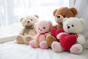 A cozy arrangement of four adorable teddy bears in a sunlit room, surrounded by soft textiles and natural light