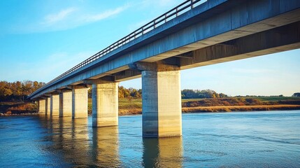 A large, modern concrete bridge spans a wide river, with a clear blue sky above and a lush green landscape in the background.