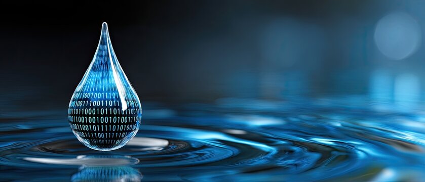 A digital water droplet with binary code hovers above rippling water, symbolizing the intersection of technology and nature.