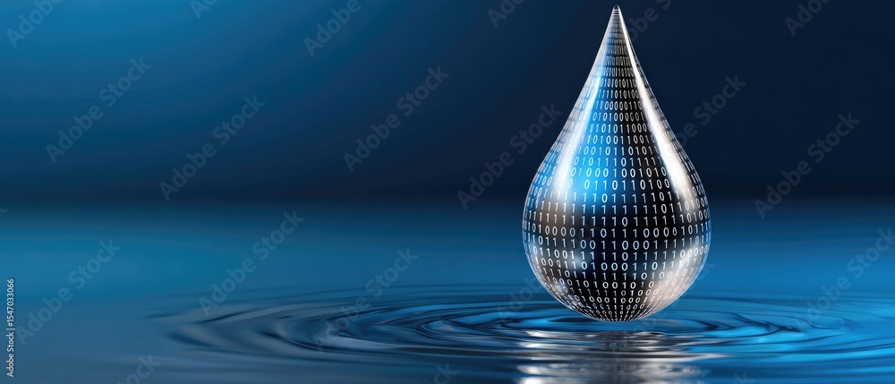 Poster a digitally rendered water droplet with binary code inside, hovering above rippling water on a blue 