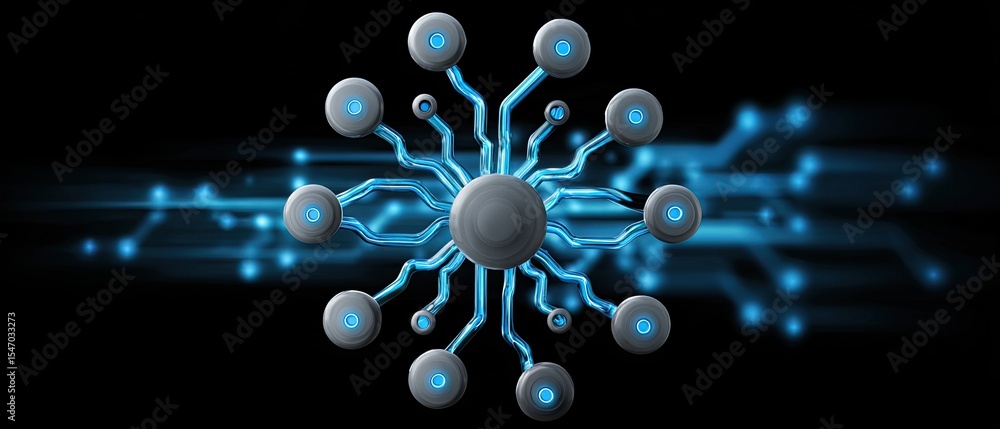 Poster a futuristic digital network hub with interconnected nodes glowing in blue on a dark background, sym