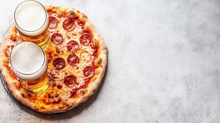 Delicious Pizza with Pepperoni and Two Cold Beer Glasses
