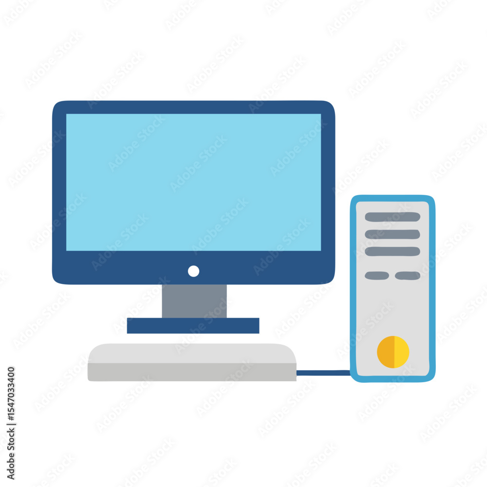 Poster flat design computer illustration with monitor and system unit