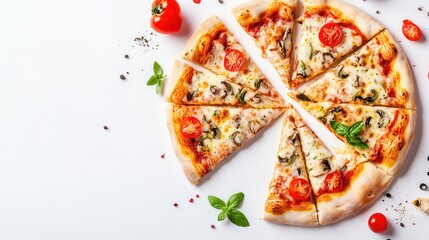 Delicious Pizza with Fresh Vegetables and Herb Garnish on White Background