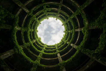 A decaying parking garage overrun by ivy
