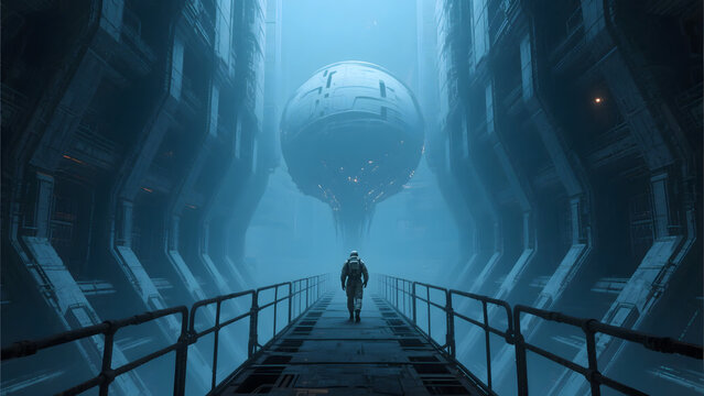 Inside a vast, deserted alien mega-structure, a human figure is barely visible, walking along a catwalk that stretches for miles into the immense, dark void. 