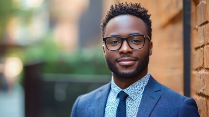 A young man in a suit standing in front of a brick wall with a green tree in the background.