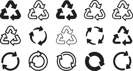Mixed Recycle and Circular Arrow Icons in Black and Outline