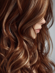 Naklejka premium Ultra realistic close up of flowing, wavy brown hair with highlights, showcasing texture and shine. image captures beauty and intricacy of hair styling