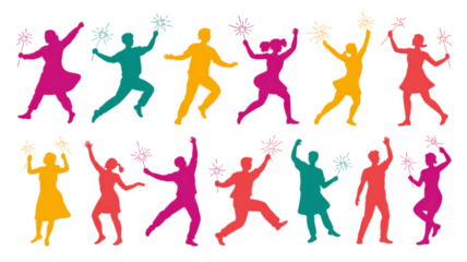 Colorful Silhouettes of People Dancing with Sparklers on Transparent Background, Celebratory Mood