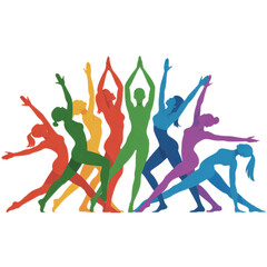 Colorful Silhouettes of Women Practicing Yoga Poses on Transparent Background, Fitness and Wellness