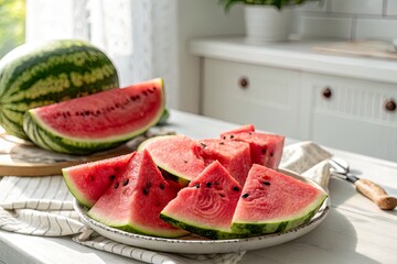 Freshly cut watermelon slices arranged on a plate with a whole watermelon in a bright kitchen setting