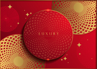 Luxury red gold mandala art horizontal background with Islamic circle design. Diwali festival wallpaper, web template, card. Illustration, not AI generated.