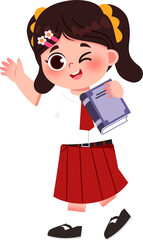 Winking schoolgirl with book, red skirt, waving hello.